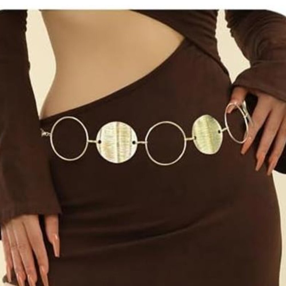 Gold Circle Chain Belt for Women Curved Disc Waist Chain Adjustable 45 Inch